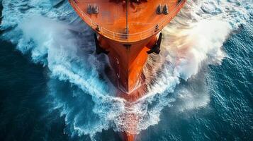 A large ship cuts through vibrant ocean waters, creating a dynamic bow wave as sunlight reflects off the surface, highlighting the vessel's impressive structure. photo