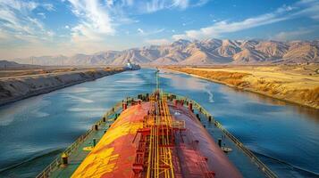A cargo ship is making its way through a narrow canal lined with dry terrain and distant mountains during the beautiful golden hour, showcasing vibrant sky colors and natural scenery. photo