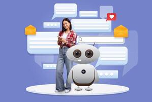 A woman stands holding her phone, interacting with a friendly AI assistant. The background features various chat bubbles and notifications, illustrating modern communication methods. photo