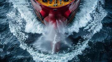 A large red vessel powers through the ocean, leaving a wake of frothy white water behind. The vessel's movement generates strong waves, illustrating maritime activity on a clear day. photo