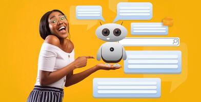African American lady joyfully engages with a virtual assistant while interactive chat bubbles surround them. This depiction highlights the advancements in AI and how they enhance daily interactions. photo