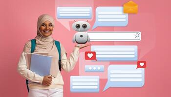 A young woman wearing a hijab smiles while holding a digital assistant in a supportive learning environment. Speech bubbles illustrate the interactivity of modern technology in education. photo