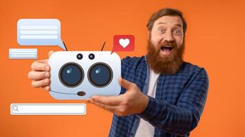 A joyful man with a beard enthusiastically presents a friendly AI assistant. Vibrant orange background highlights the interaction, emphasizing the role of technology in daily life. photo