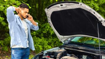 Sad arab man looking at car engine and calling to auto service, got broken at highway on a way to countryside. Middle-eastern guy having phone conversation with friends, asking for help with auto photo