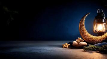 A beautifully arranged lantern with crescent moon and decorative stones, set against a dark blue background photo