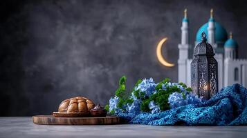 A beautifully arranged table setting featuring a pastry, flowers, and a lantern with a mosque in the background photo