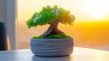 A beautifully crafted bonsai tree in a decorative pot, illuminated by a warm sunset glow photo