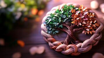 A beautifully crafted decorative piece depicting a tree with green and autumn-colored leaves, set on a wooden surface surrounded by soft bokeh lights and scattered petals, ideal for home decor photo
