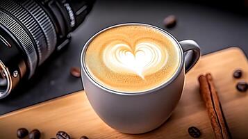 A beautifully crafted latte with a heart design, accompanied by coffee beans and cinnamon sticks, near a camera photo
