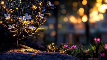 A beautifully lit garden scene at dusk with glowing flowers and soft bokeh in the background photo