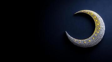 A beautifully crafted crescent moon sculpture adorned with stars, set against a dark background photo