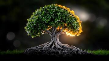 A beautifully illuminated bonsai tree with vibrant green leaves against a dark background photo