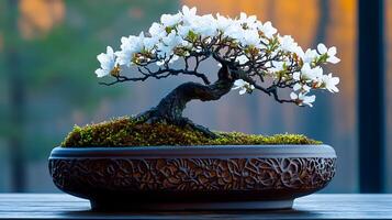 A beautifully crafted bonsai tree with white blossoms on a decorative pot, showcasing nature's elegance photo