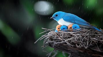A blue bird shelters its vibrant chicks in a cozy nest during a gentle rain, surrounded by lush greenery photo