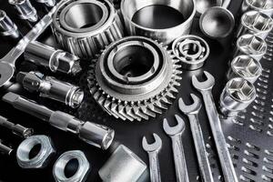Metal tools arranged neatly on a workbench highlighting their features and functionality for various mechanical tasks photo