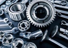 Various metallic tools and mechanical parts arranged on a dark surface for assembly and repair tasks photo