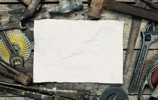 Tools and blank space create opportunity for creativity on rustic wooden table photo