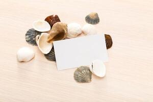 Decorative sea shells arranged on a smooth surface with a blank card for messages or notes photo