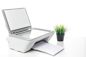 Multifunction printer with paper output and green plant on desk in bright workspace photo