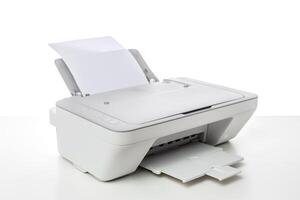 Compact white printer with paper loading in a modern office setting showcasing efficiency and convenience photo