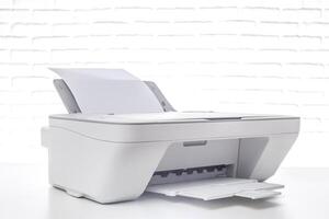 Modern multifunction printer on a clean white background ready for scanning, copying, and printing documents seamlessly photo