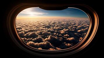 A breathtaking view from an airplane window showcasing vibrant clouds at sunset photo