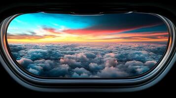 A breathtaking view of a colorful sunset over clouds from an airplane window, evoking travel photo