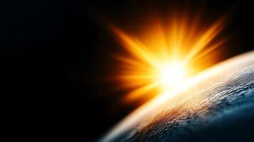 A breathtaking view of Earth from space at sunrise, showcasing vibrant colors and atmospheric details photo