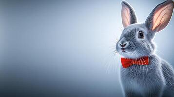 A charming rabbit in a red bow tie, set against a soft blue background, exuding elegance photo