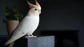A charming cockatiel perched on a stone surface, with a plant in a pot and a dark background photo