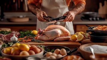 A chef skillfully preparing a turkey on a wooden table surrounded by fresh ingredients in a cozy kitchen photo