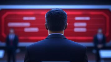 A businessman observes a high-tech presentation in a modern conference room with red screens photo