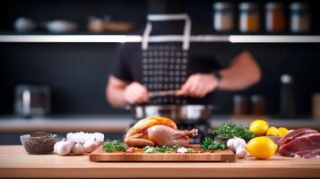 A chef prepares a roasted chicken with fresh herbs and vegetables in a modern kitchen setting photo