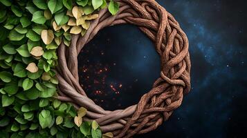 A circular arrangement of intertwined branches and green leaves against a cosmic backdrop photo