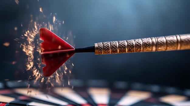 A close-up of a dart striking a dartboard, with sparks flying, set against a blurred background photo