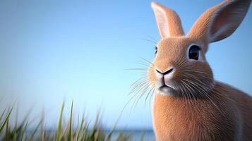 A close-up of a curious rabbit in a grassy field under a clear blue sky, evoking tranquility photo