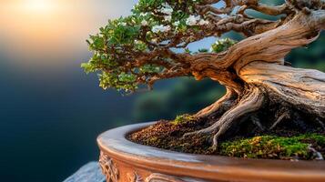 A close-up of a beautifully aged bonsai tree in a pot, illuminated by soft sunlight at dawn, surrounded by a serene natural backdrop photo