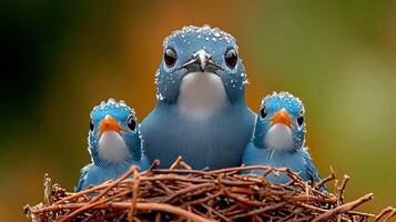 A close-up of a bluebird family in a nest, with droplets of water on their feathers, set against a blurred green background photo