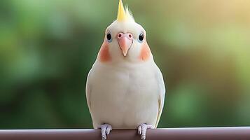 A close-up of a charming cockatiel perched on a railing, surrounded by a lush green background photo