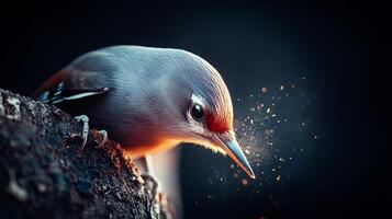 A close-up of a bird perched on a textured surface, surrounded by a magical, sparkling background photo