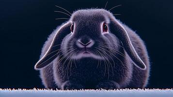 A close-up of a dark rabbit with soft fur and striking red eyes, set against a softly lit background photo