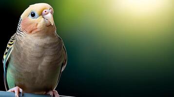 A close-up of a colorful parakeet perched on a branch, with a blurred green background suggesting a serene outdoor environment photo