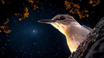 A close-up of a bird gazing upward under a starry night sky, surrounded by tree branches photo