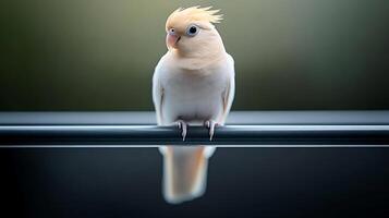 A close-up of a charming bird perched on a railing, with a blurred natural background photo