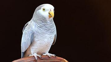 A close-up of a beautiful parakeet perched on a branch against a dark background, showcasing its vibrant colors photo