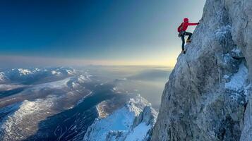 A climber in a red jacket ascends a steep icy mountain, with breathtaking valleys and peaks in the background photo