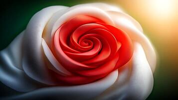 A close-up of a beautifully crafted rose with red and white petals, illuminated by soft sunlight photo