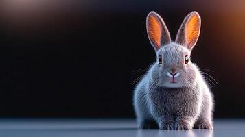 A close-up of a fluffy rabbit sitting on a smooth surface with a blurred dark background photo