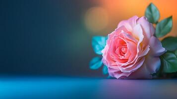 A close-up of a pink rose resting on a smooth surface with a blurred colorful background photo