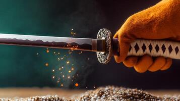 A close-up of a gloved hand wielding a katana, with sparks flying against a textured background photo